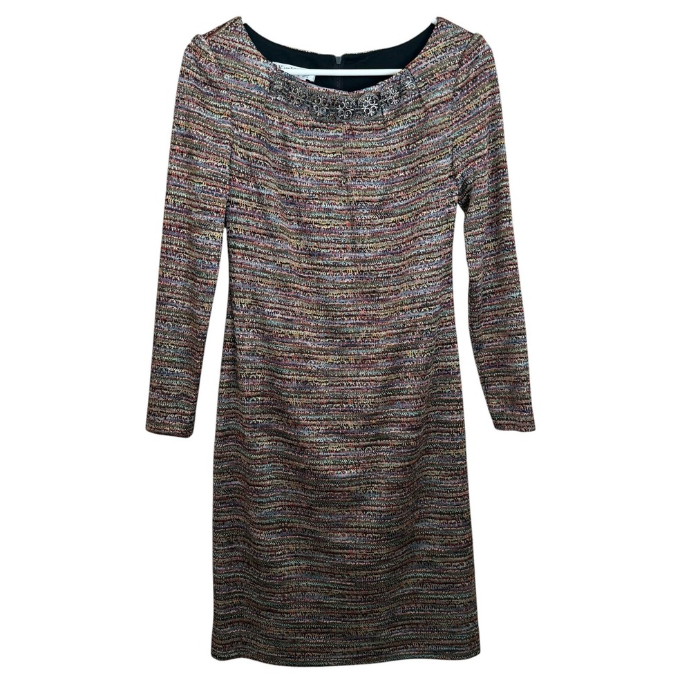 Kay Unger Dress Size 2 Metallic Tweed Sheath Chain Neckline LS Elegant Old Money